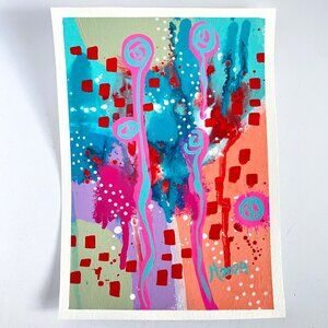 Summer Pop 1 Original Art Acrylic Painting Turquoise Pink Red Frame Ready 8x10in